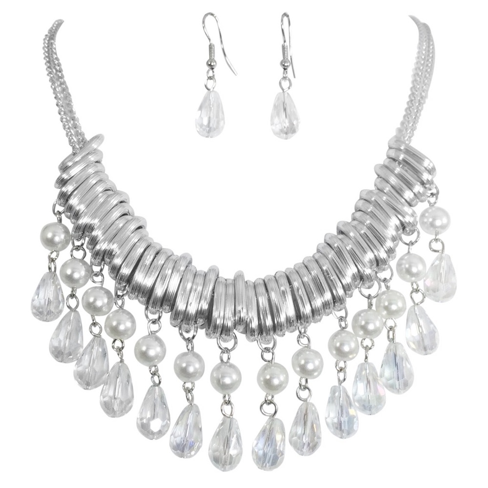 Unique Slide Clear Bead Drop Necklace Earrings Set